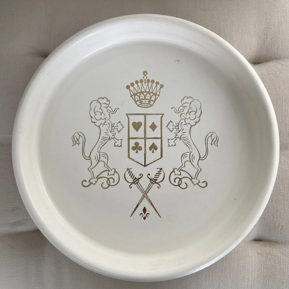Mid Century Lions Crest Crown Gold and White Round Cocktail Bar Tray - 13”